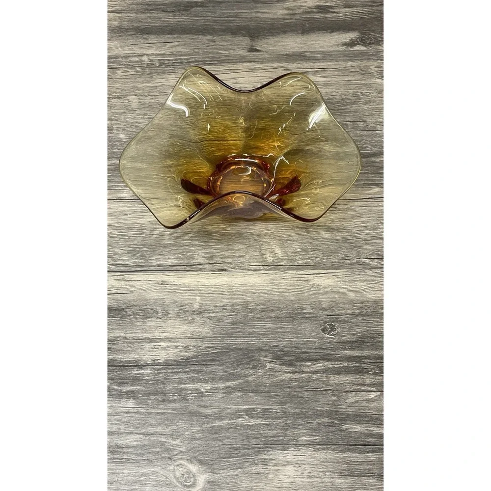 Vintage Amber Hand Blown Art Glass Ruffled Handkerchief Bowl Centerpiece 10in